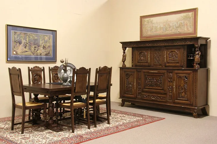 Brittany Dining Table Set, Oak with Carved Figures