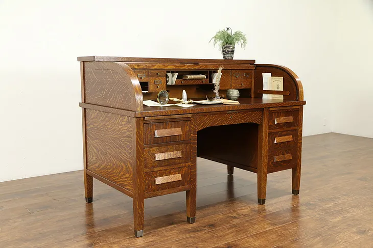 Oak Quarter Sawn Antique 1900 Rolltop Desk, Signed Wallender, IL  #31168