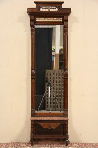 Victorian Eastlake 1885 Antique Pier or Hall Mirror, Marble Base (1)