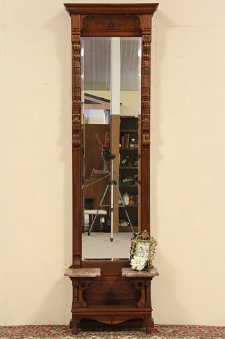 Eastlake 1880 Pier or Hall Mirror, Marble Shelves (1)