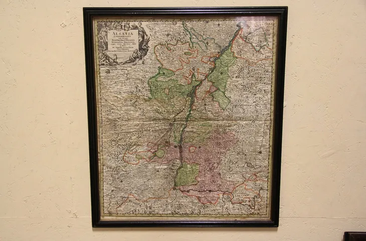 Mattei Seutteri 1700's Antique Colored Map of Alsace between Germany & France