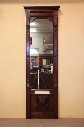 Victorian Eastlake Walnut Hall Pier Mirror w Marble (1)