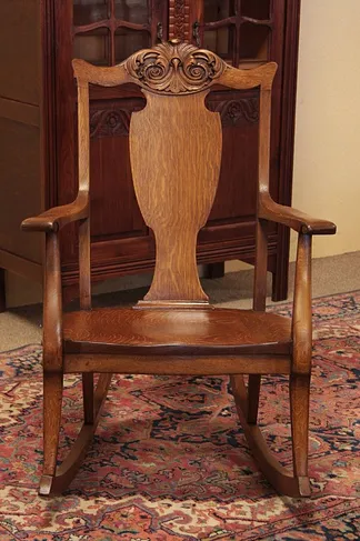 Quartersawn Carved Oak Antique Rocker, Arms (1)