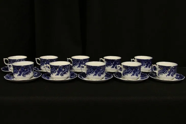 Flow Blue Set of 10 Cups and Saucers - Argyle Pattern by Grindley (1)