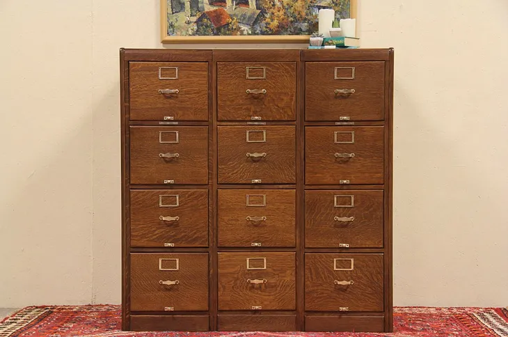 Triple Oak 12 Drawer Antique Library File Cabinet