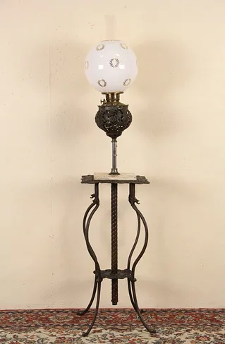 Victorian 1890 Antique Kerosene Adjustable Piano or Organ Lamp, Onyx Base (1)