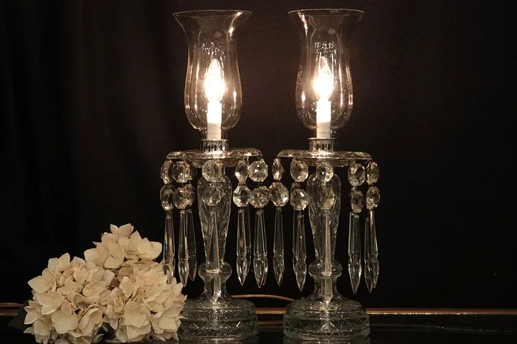 Pair of Crystal Hurricane Lamps with Prisms