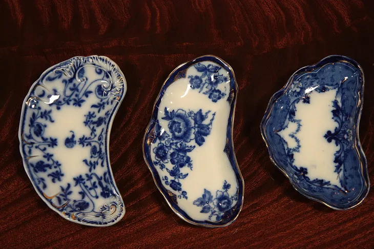 Flow Blue 3 Bone Dishes Verona, Colonial, Byzantine