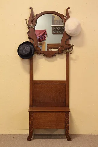 Victorian Oak Hall Stand Bench, Mirror & Hooks (1)