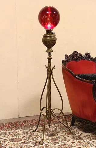 Bradley & Hubbard Victorian 1880 Piano Lamp, Ruby Red Glass Shade