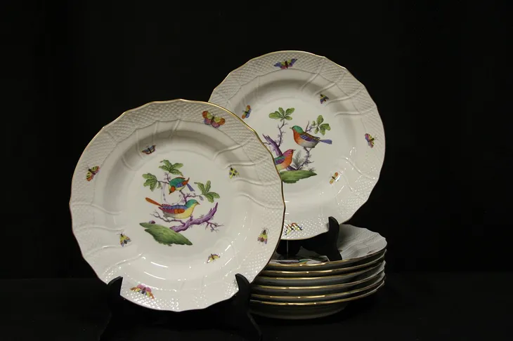 Herend Rothschild Bird China Set of 8 Pasta or Soup Plates 10"