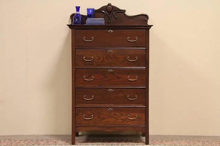 Victorian Oak 5 Drawer Highboy Tall Chest