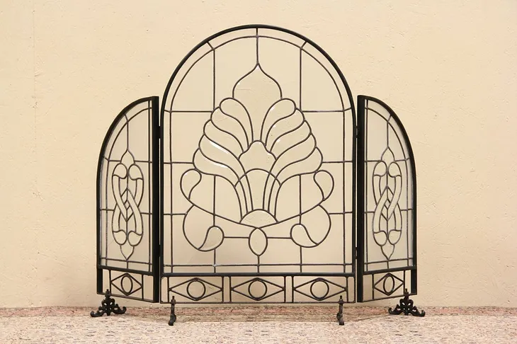 Leaded Beveled Glass Triple Fireplace Screen