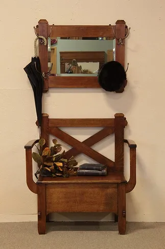 Arts & Crafts Mission Oak Hall Bench & Mirror