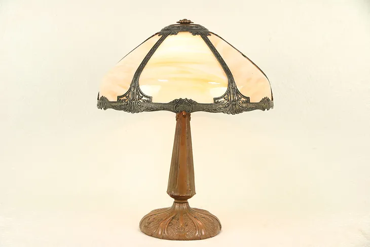 Table Lamp, Antique Stained Glass Curved Panel Shade, Embossed Base #29840