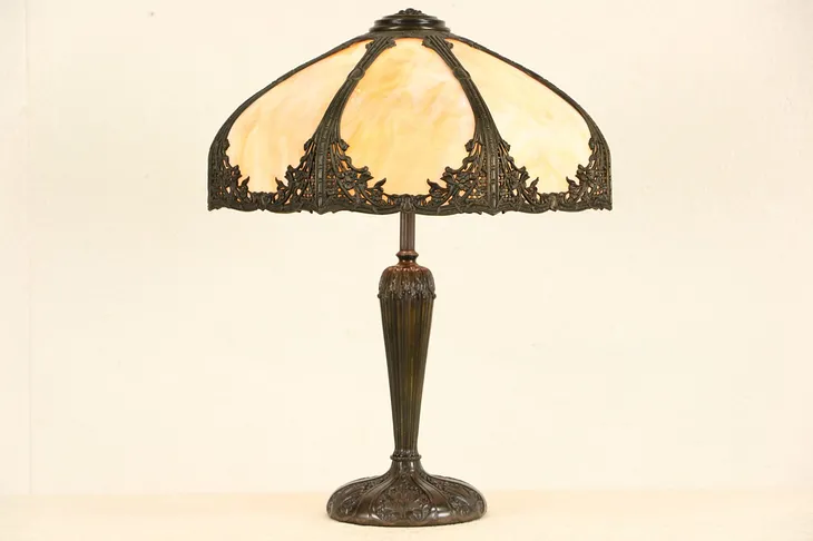 Stained Opalescent Glass Panel Shade 1915 Antique Table Lamp