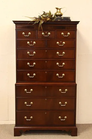 Mahogany Highboy Chest on Chest, signed Hickory