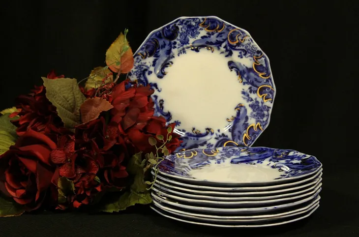 Flow Blue Set of Ten 7" Plates, Argyle Pattern by Grindley (1)