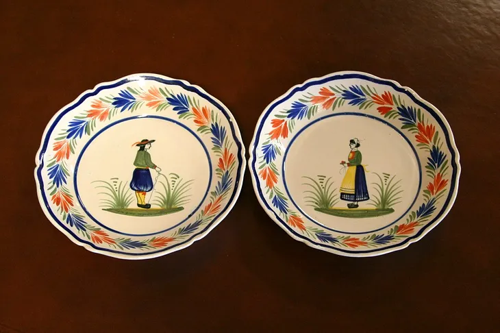 Quimper Pottery Hand Painted Pair of Soup Plates