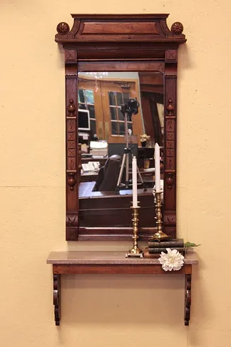 Victorian Eastlake Hall Mirror, Marble Shelf (1)