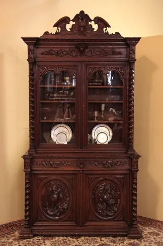 Black Forest Antique Oak Hunt Cabinet or Bookcase (1)