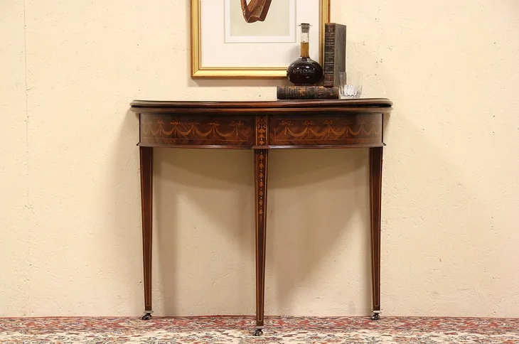 Hepplewhite 1910 Console Game Table, Pearl Marquetry