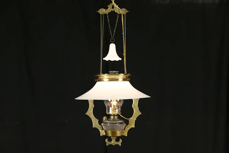 Victorian 1880's Antique Brass Hanging Light Fixture, Electrified Lamp, Cranes