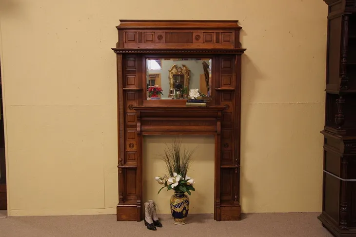 Victorian Eastlake Oak Fireplace Mantel & Mirror