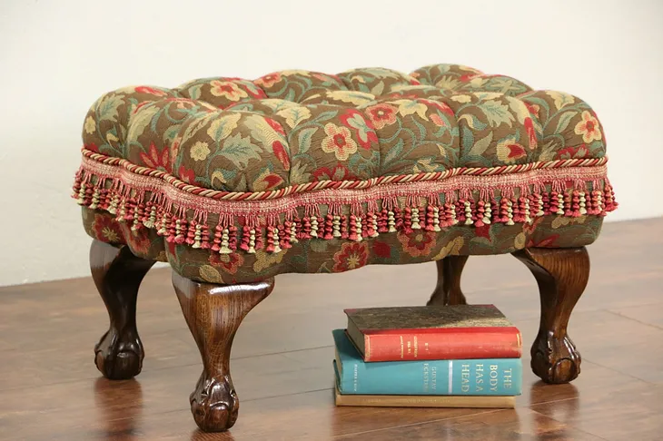 Oak Carved Signed Vintage Clawfoot Footstool, Tufted with Fringe