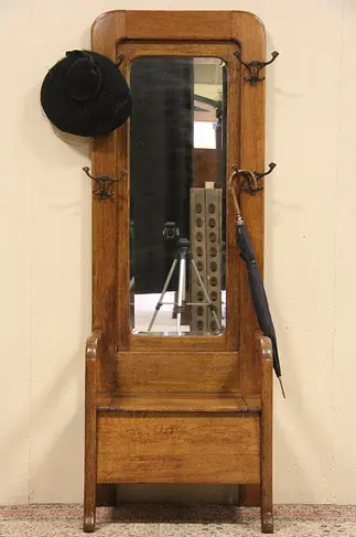 Oak 1910 Antique Hall Bench, Hooks & Beveled Mirror