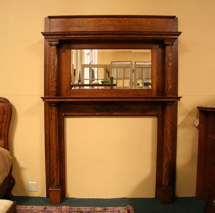 Oak Fireplace Mantel, Beveled Mirror, Columns c 1900