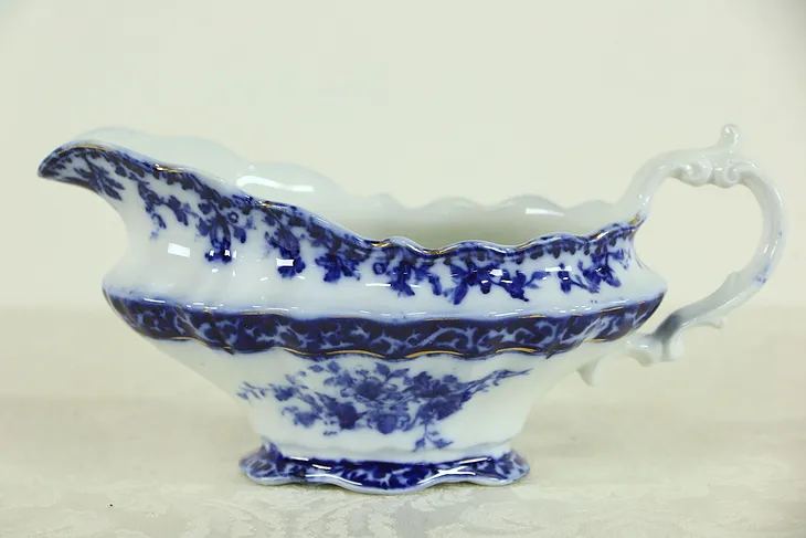 Flow Blue Touraine 8 1/2" Stanley of England 1880 Antique Sauce or  Gravy Boat