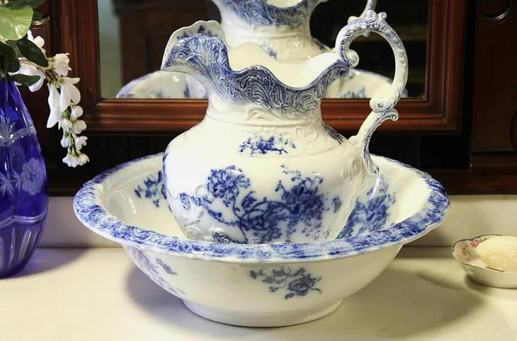 Flow Blue Grindley 1890's Antique Bowl & Pitcher Set (1)