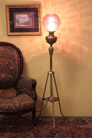 Victorian Brass Piano Lamp, Cranberry Shade