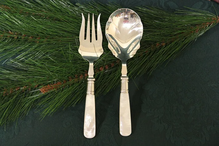 Mother of Pearl Antique Silverplate Serving Spoon & Fork Set