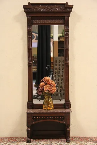 Victorian Eastlake 1885 Antique Hall or Pier Mirror, Marble Shelf (1)