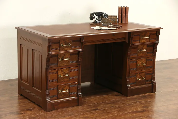 Victorian Eastlake 1880 Antique Walnut & Burl Leather Top Desk (1)