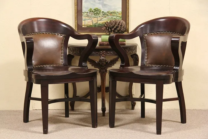 Pair Antique Mahogany & Leather Banker Chairs Circa 1900