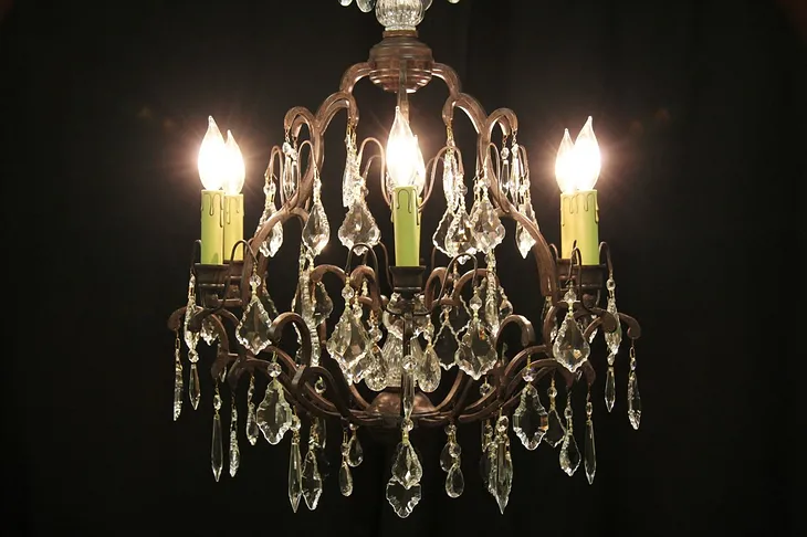 Oiled Bronze 6 Candle Chandelier, European Prisms