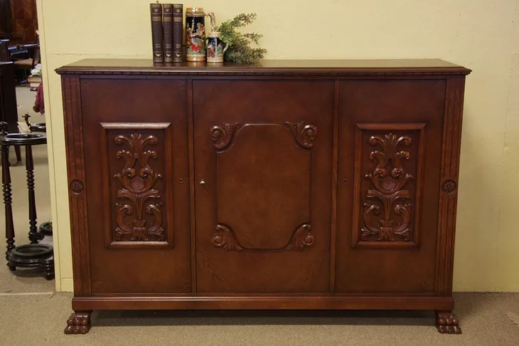 Carved Oak 3 Door Antique Cabinet, Lion Feet