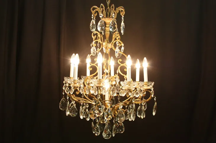 Bronze Chandelier, Cut Crystal Prisms