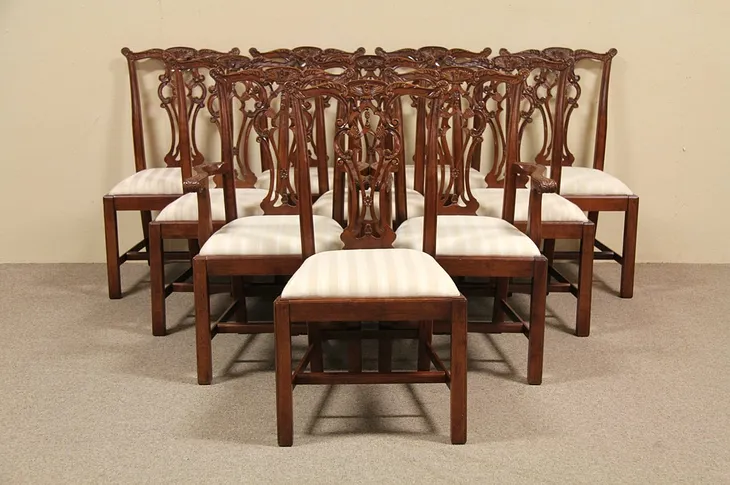 Set of 12 Hand Carved Mahogany Dining Chairs (1)