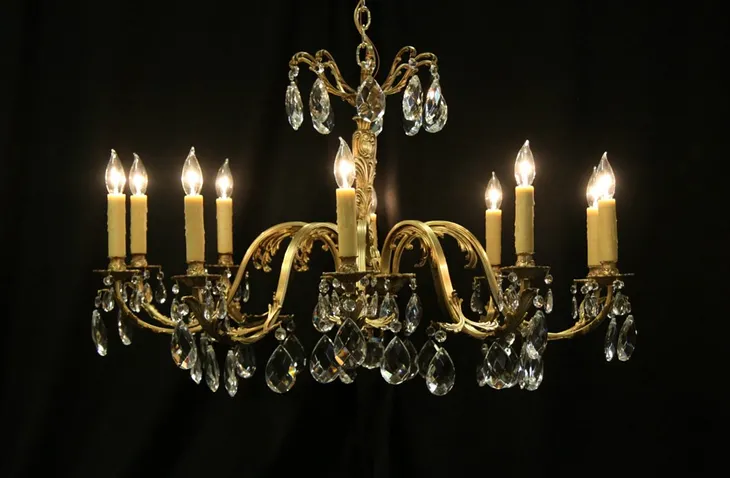 Bronze 10 Candle Chandelier, Cut Prisms