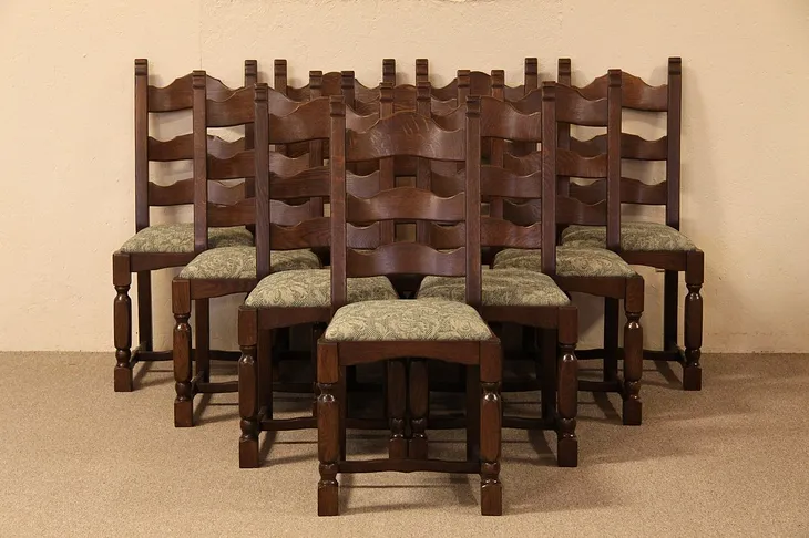 Set of 10 Antique Oak Dining Chairs, Upholstered