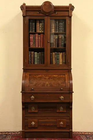 Victorian Eastlake 1880 Antique Rolltop Secretary Desk & Bookcase