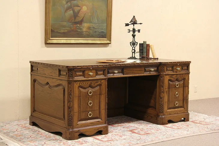 Oak Grapevine Carved Executive Vintage Desk