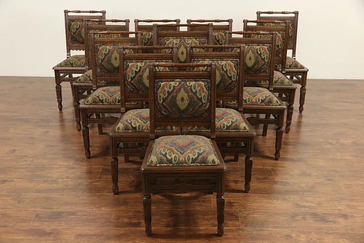 Set of 12 Victorian Eastlake Oak 1880 Antique Dining Chairs, New Upholstery