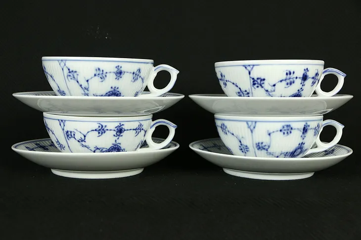 Royal Copenhagen Blue Fluted Set of 4 Cups & Saucers