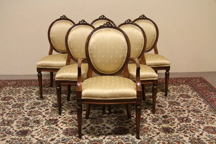 Set of 6 Carved 1925 Antique Chairs, Newly Upholstered