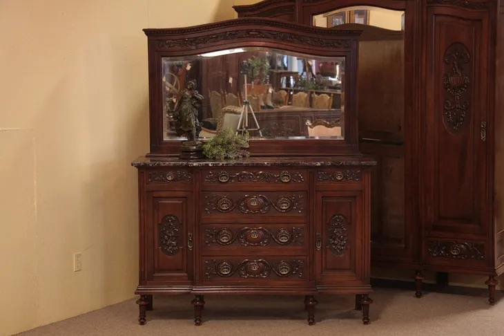 Carved Marble Top Dresser or Chest, Beveled Mirror (1)